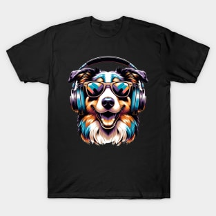 Australian Shepherd Smiling DJ with Stylish Headphones T-Shirt